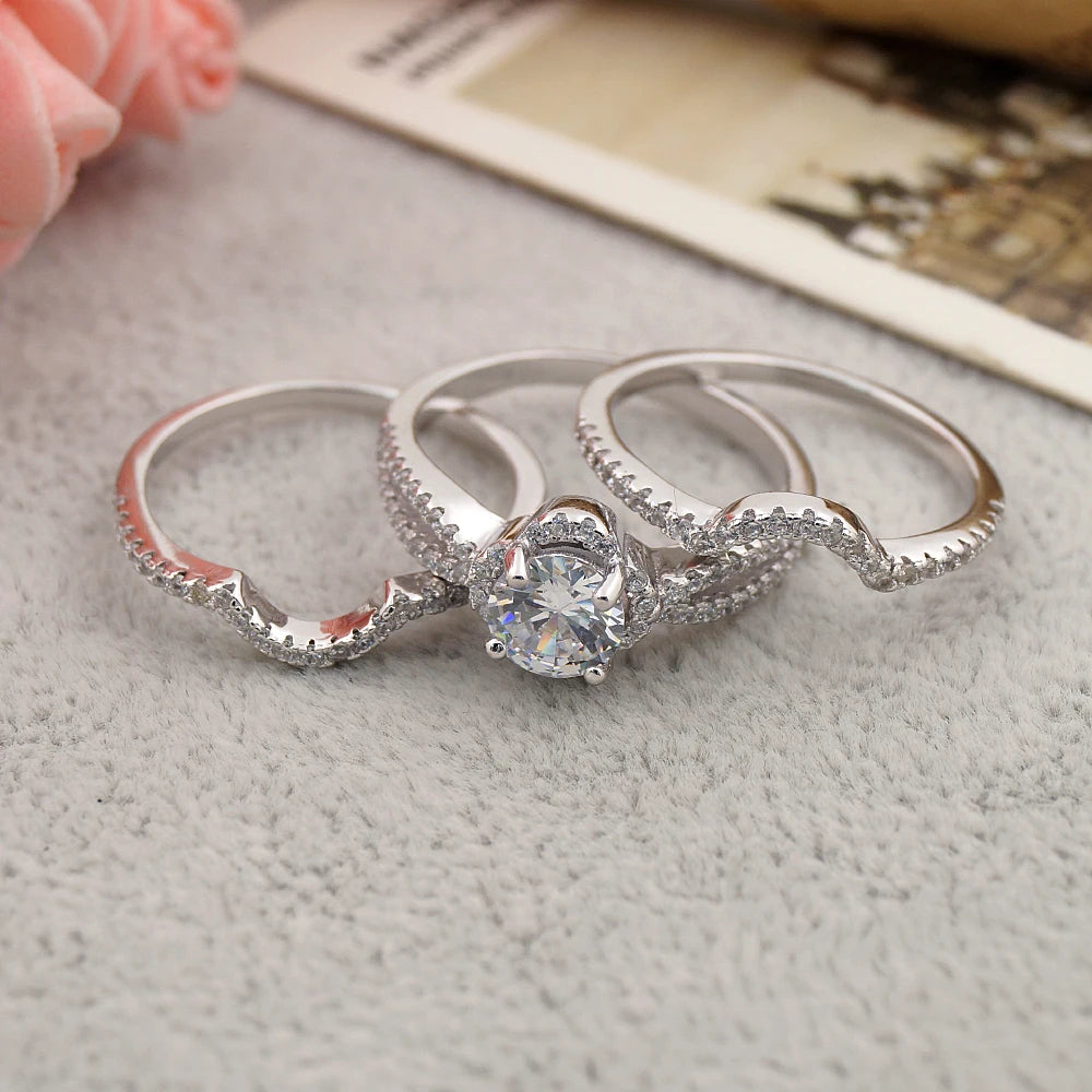 925 Sterling Silver 3 Pcs Cubic Zircon Bridal Finger Ring Ladies Ring Set Wedding and Engagement Ring Sets
