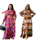 Modest African Collection Satin Dress Elegant Long Sleeve Printed Floral Dresses Front Open With Button Robe Femme K0275