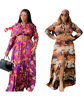 Modest African Collection Satin Dress Elegant Long Sleeve Printed Floral Dresses Front Open With Button Robe Femme K0275