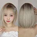 Short Straight Hair Women's Wig Brown Root Blonde Hair Bangs Artificial Hair Rose Mesh Matte Synthetic Fiber Bob Wig