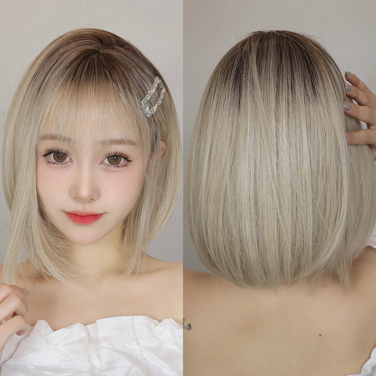 Short Straight Hair Women's Wig Brown Root Blonde Hair Bangs Artificial Hair Rose Mesh Matte Synthetic Fiber Bob Wig