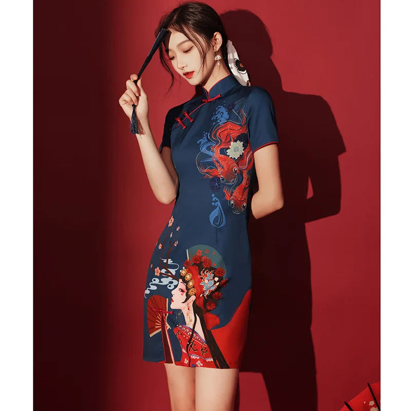Chinese Trendy Cheongsam Dress Popular Short Style Improved Blue Young Girl Bridesmaid Evening Qipao