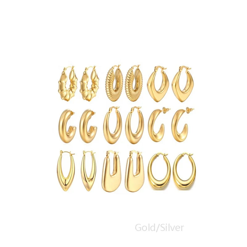 Non Tarnish Statement Geometric Studs Earrings Large Hoops Earring for Women Stainless Steel Chunky Earrings