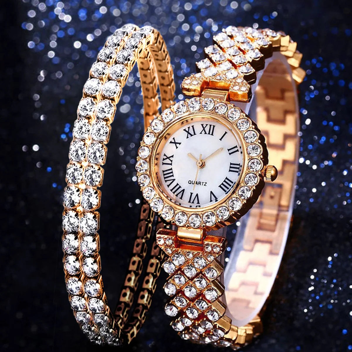 Ins Luxury 2pcs /set Crystal Tennis Chain Bracelet Watch Iced Out Micro Pave Zircon CZ Watch Bracelet Set for Women Accessories