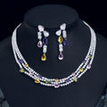 Fashion Silver Plated 3 Layer Multicolor Cubic Zirconia Water Drop Women's Party Earrings and Necklace Jewelry Set for Bridal