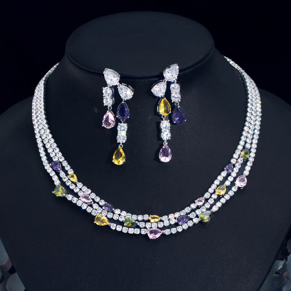 Fashion Silver Plated 3 Layer Multicolor Cubic Zirconia Water Drop Women's Party Earrings and Necklace Jewelry Set for Bridal