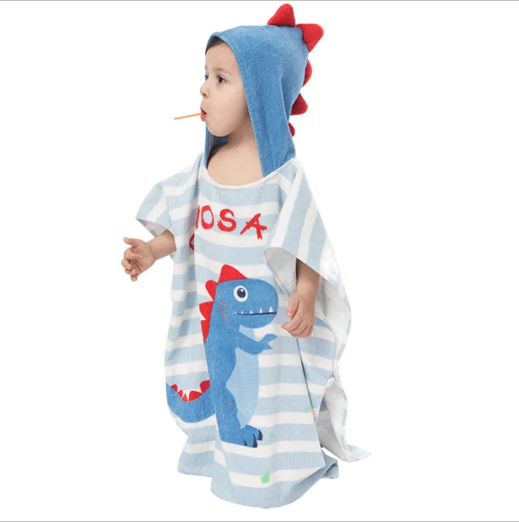 Dinosaur Printing Cartoon Style Kids Cotton Eco-Friendly Beach Swimming Changing Hooded Poncho Towel