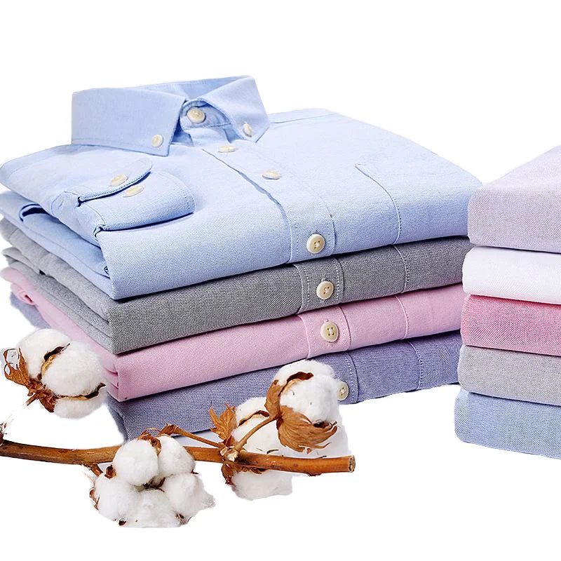 2025 New Men's 100% Cotton Oxford Washed Formal Long-sleeved Dress Shirt Business Casual Solid Color Quick Dry Breathable