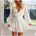 Spring and Autumn New V-Neck Dress Long Sleeve Bubble Sleeve Dress Solid Color Lace up Ruffle Dress