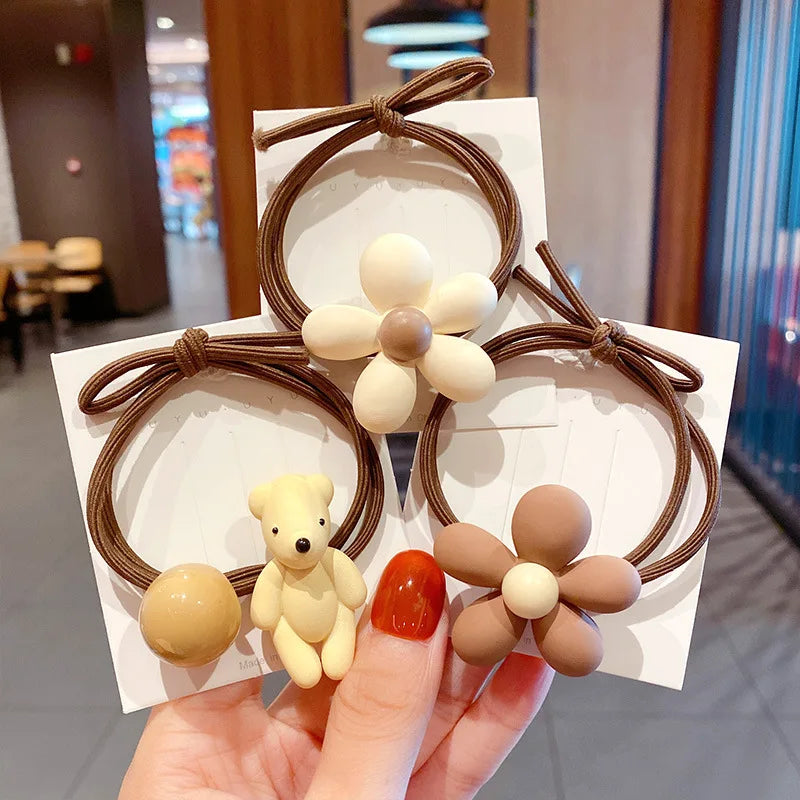 FanYue Korean Hair Band New Style Winter INS Flowers Bear High Stretch Hair Band Elastic PonyTail Scrunchie 2022