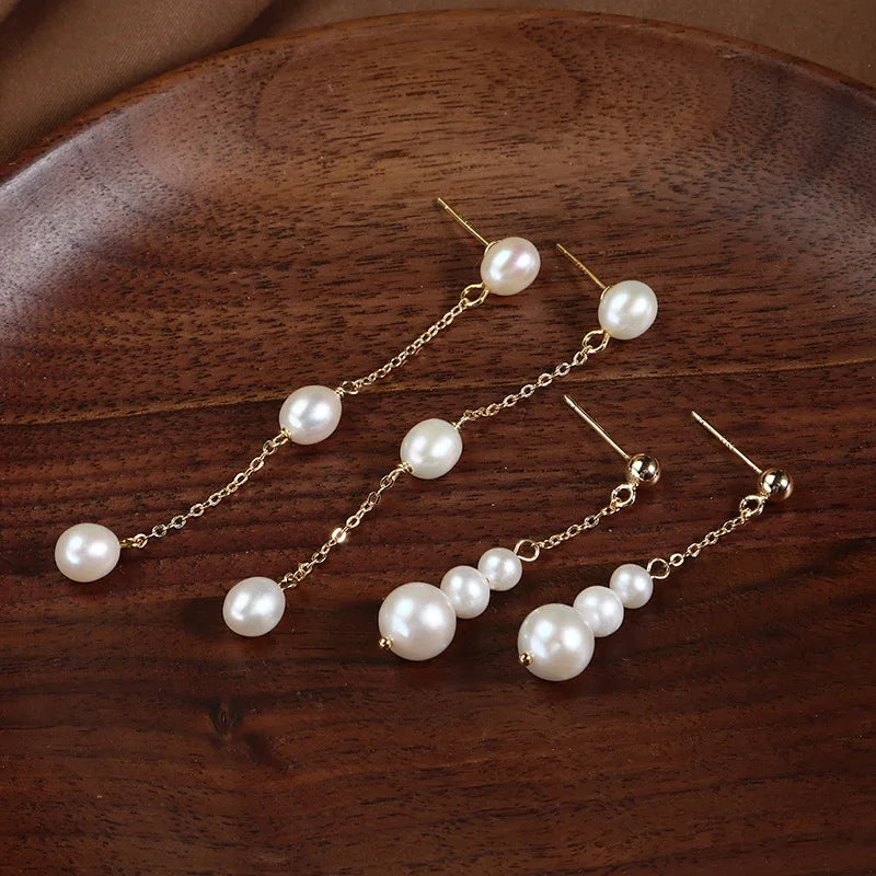 Handmade Classic Tassel Natural Freshwater Pearl Drop Earrings for Women Original Design Fashion Jewelry with Gold plated copper