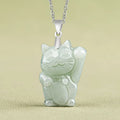 Natural Burmese Jade Cute Lucky Cat Pendant Light Green Jade Carved S925 Silver Inlaid Fashion Jade Pendant