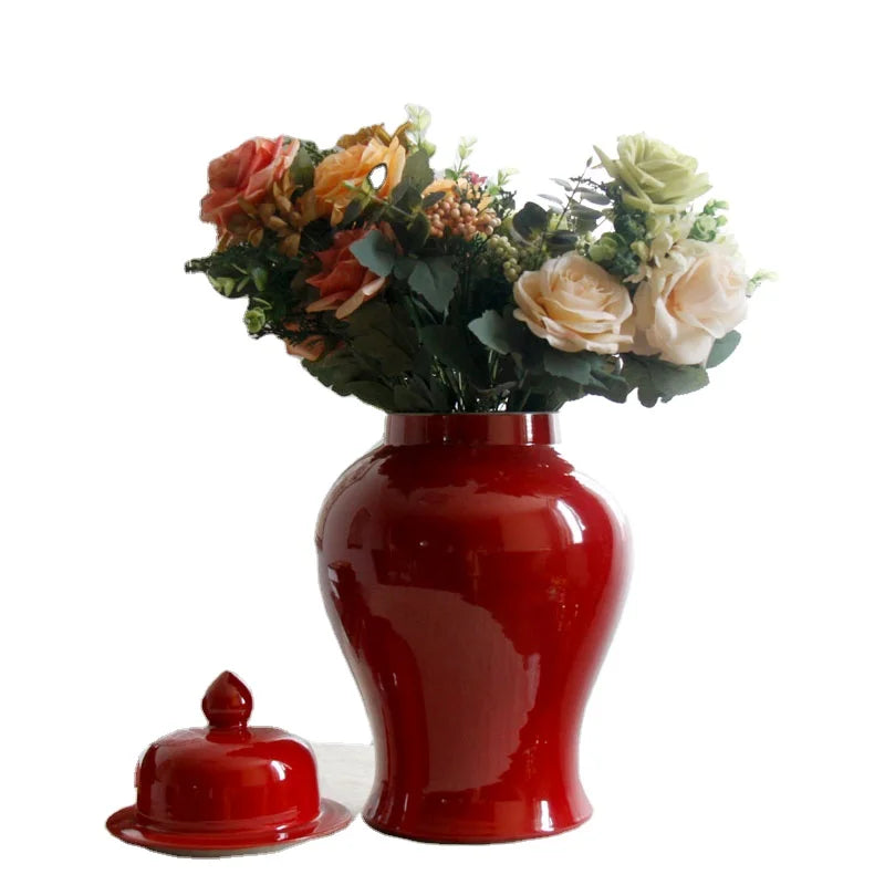Modern custom red wedding happiness good luck restaurant living room home decor flower vase porcelain ceramic ginger jars