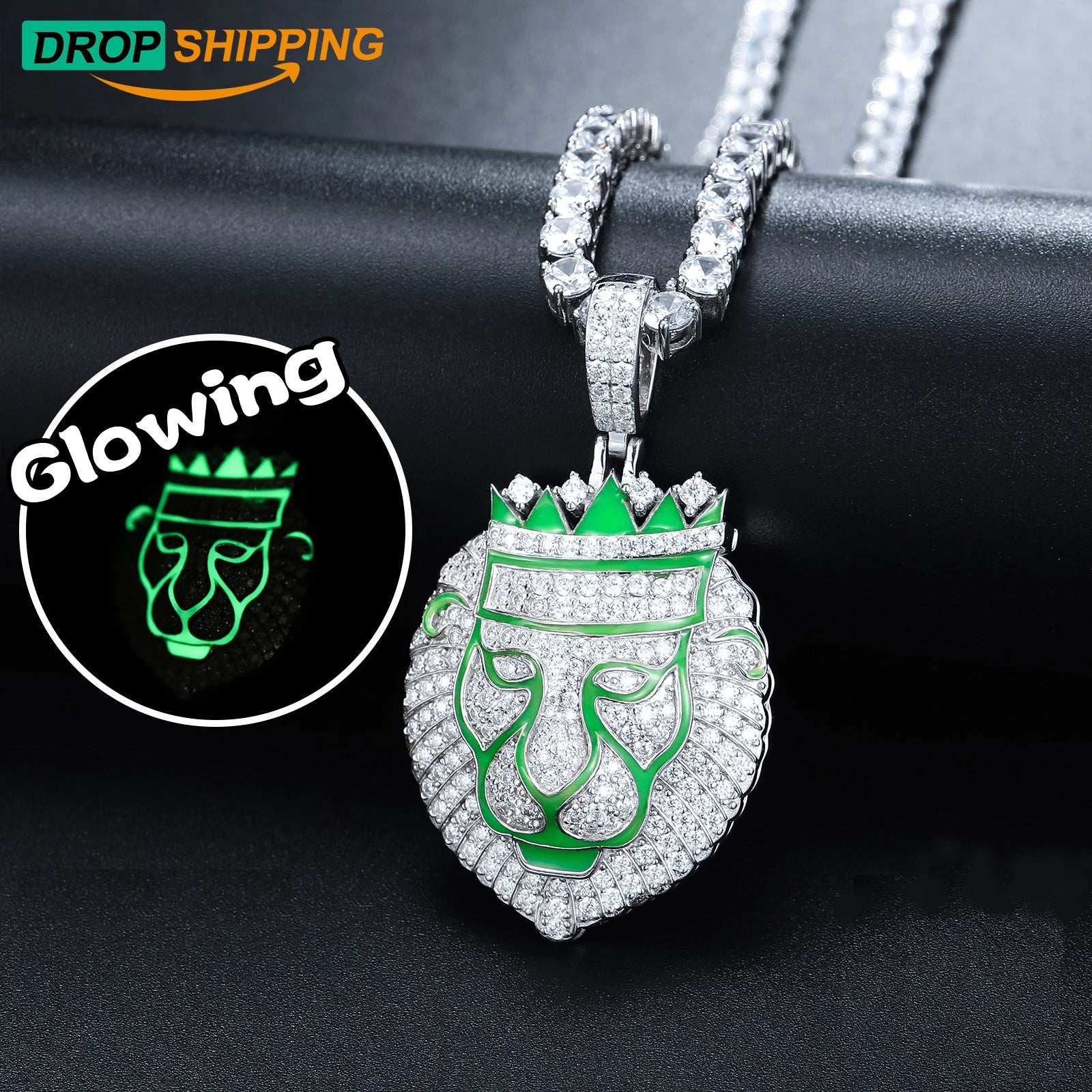 Dropshipping Glow in the Dark Moissanite Lion King Pendant 925 Sterling Silver Luxury Bling Chrisma Jewelry Gift