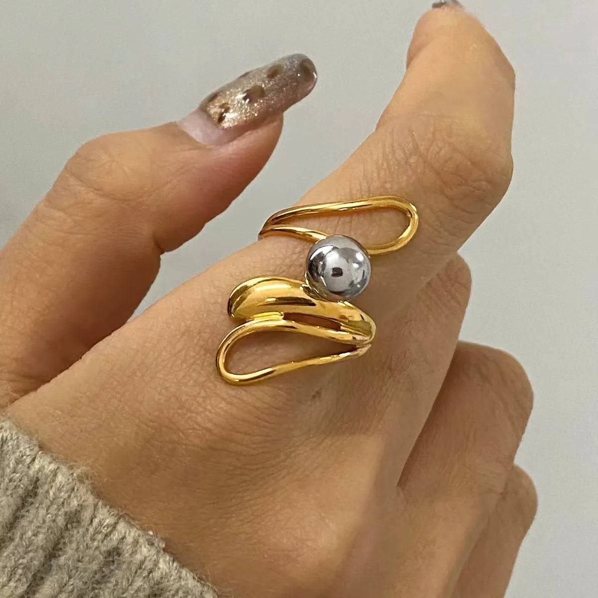 Trendy New Style 18K PVD Gold Plated Steel Ball Double Color Irregular Hollow Stainless Steel Open Ring