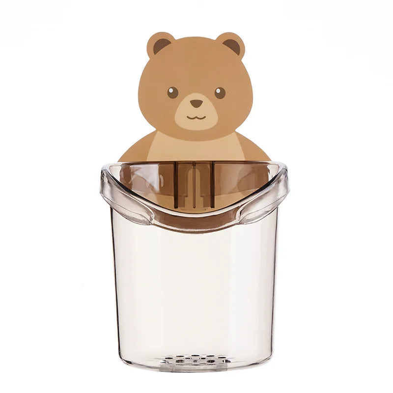 Bear Brand Wall-Mounted Plastic Toothbrush Holder and Cup Storage Rack Punch-Free Bathroom Supplies Organizer Accessories