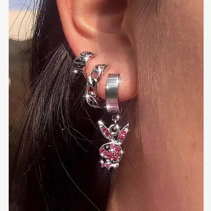 Hip Hop Punk Rabbit Earring Twist Chain Necklace Stainless Steel White Pink Crystal Rhinestones Bunny Hoop Earrings Twist Chain