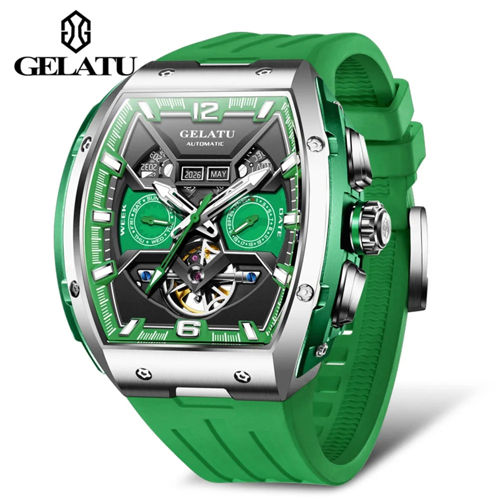 GELATU 6013 Hot Selling Men's Sport Watch Customized Logo Waterproof Business Double Mechanical Tourbillon Glass Dial Window