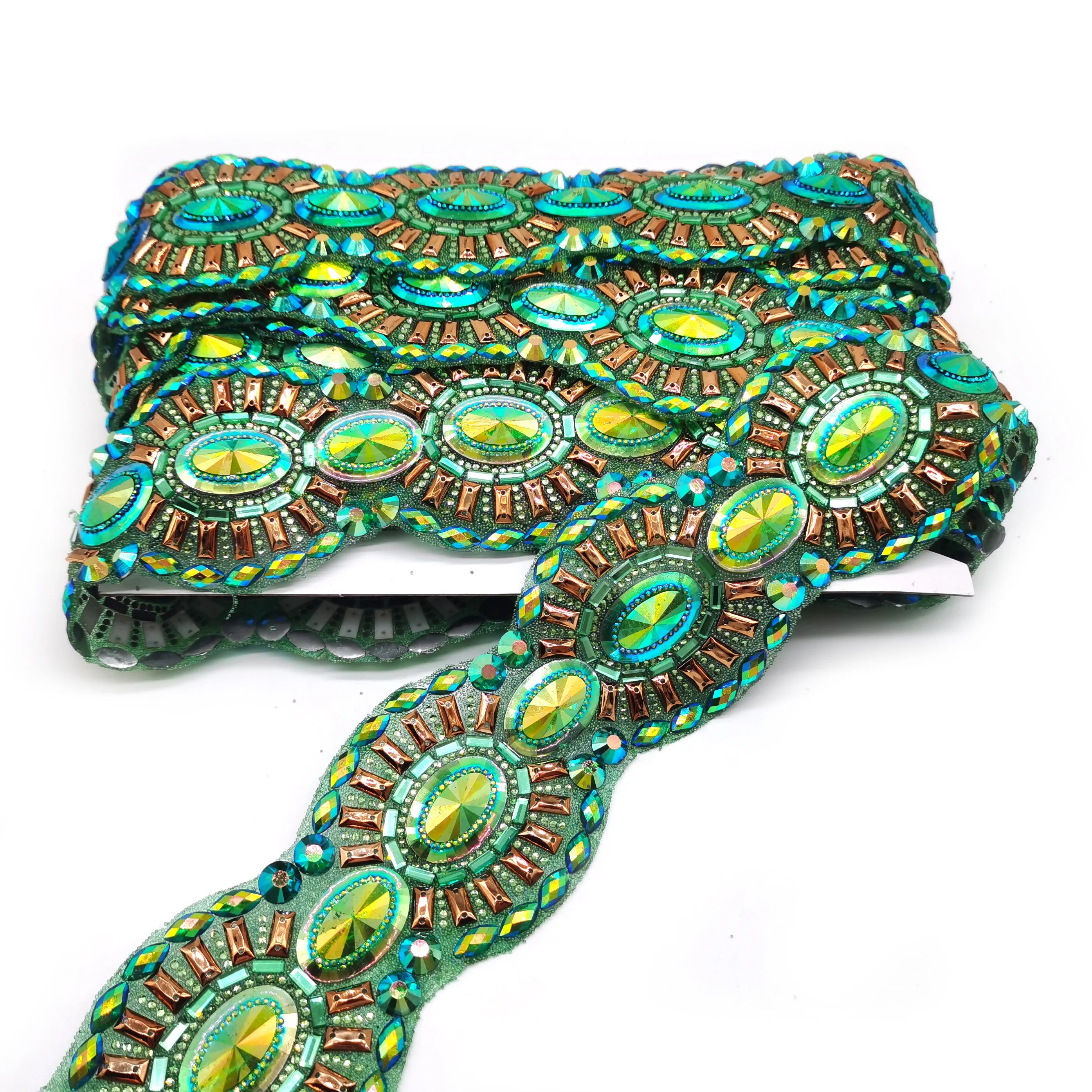 Customized Green AB Rhinestone Garment Accessories Hot Fix Rhinestone Applique Trimming for Festival Clothing