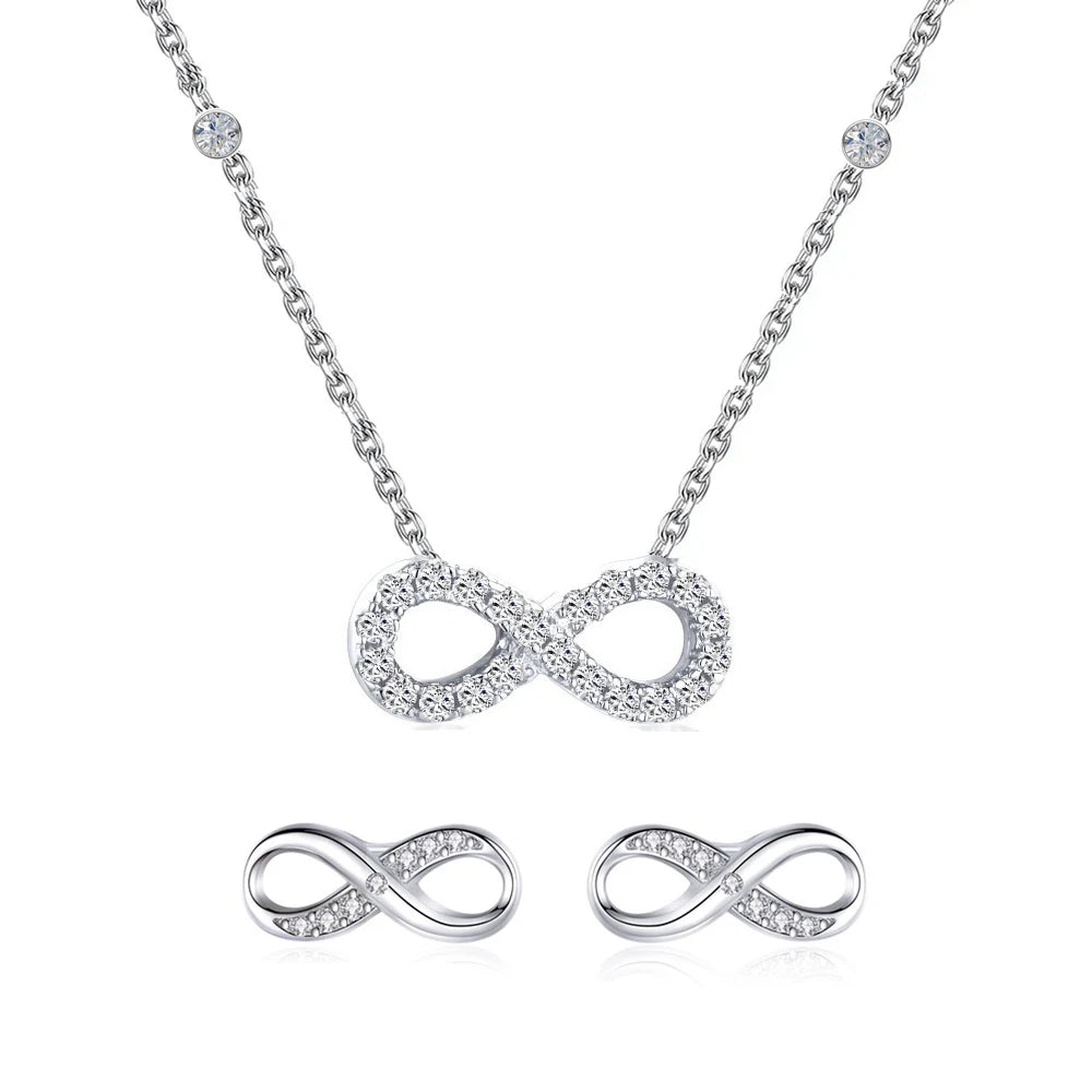 Pretty Endless Symbols Shaped Necklace and Earrings Cubic Zircon CZ Real S925 Sterling Silver Jewelry Set for Women Girl Gifts