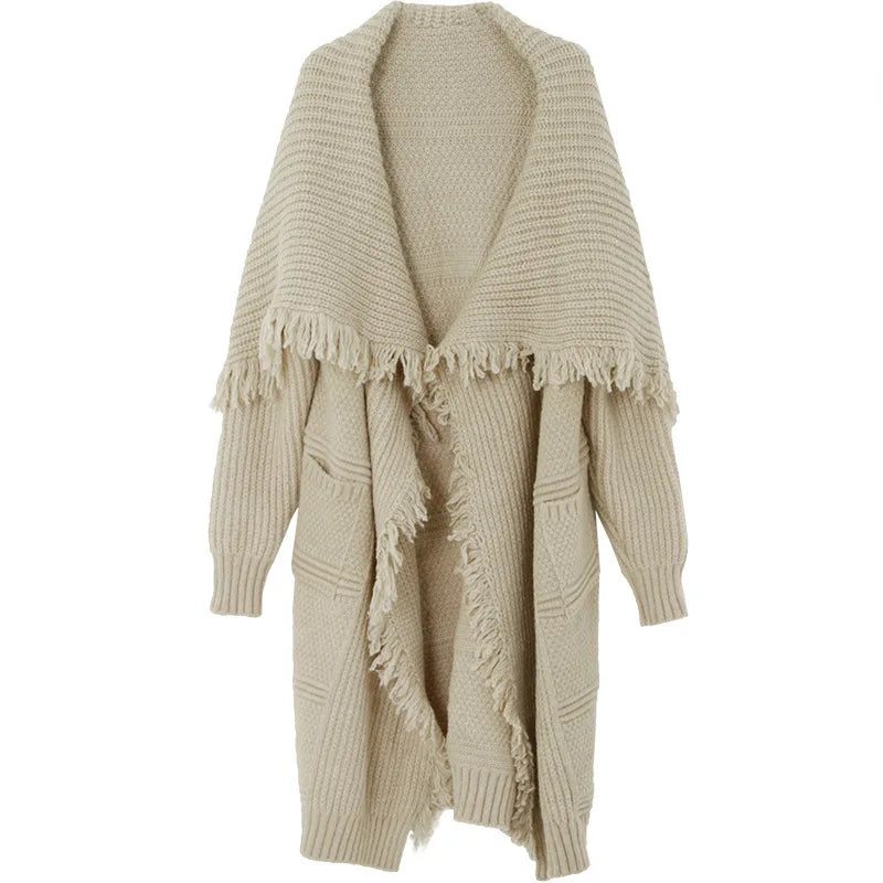 Korean Elegant Style Female Cloaks Cardigan Jacket Women Long Sweater Cardigan With Tassels