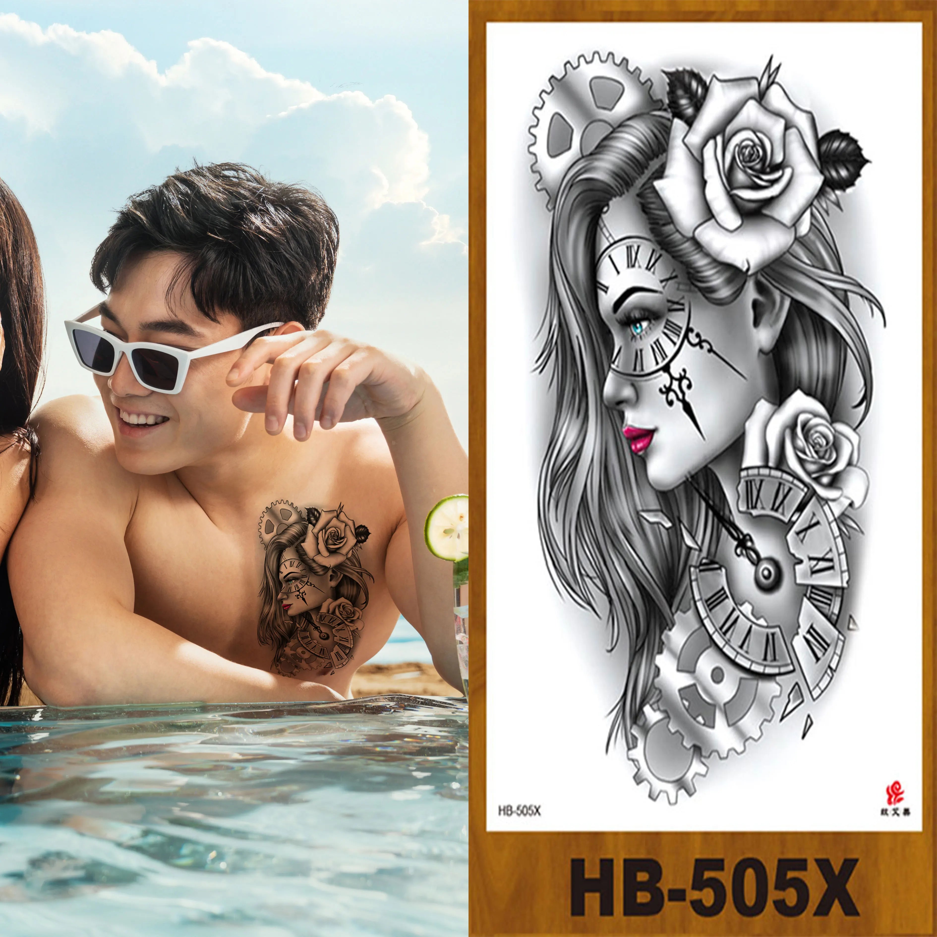 Wholesale Colorful Tiger Lion Banjo Death Skull CMYK Printing Tattoo Stickers Water Transfer Waterproof Temporary Tattoo for Men