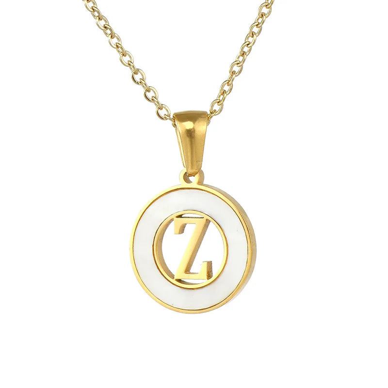 BM Hypoallergenic Titanium Steel 26 Letter Shell Round Pendant Necklace Women