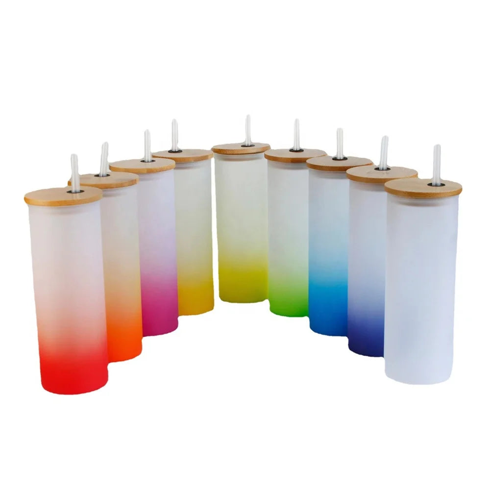 Wholesale 17oz Gradient Frosted Glass Tiktok Trendy 500ml Frosted Gradient Color Printing Glass Tumbler with Straw Bamboo Lid