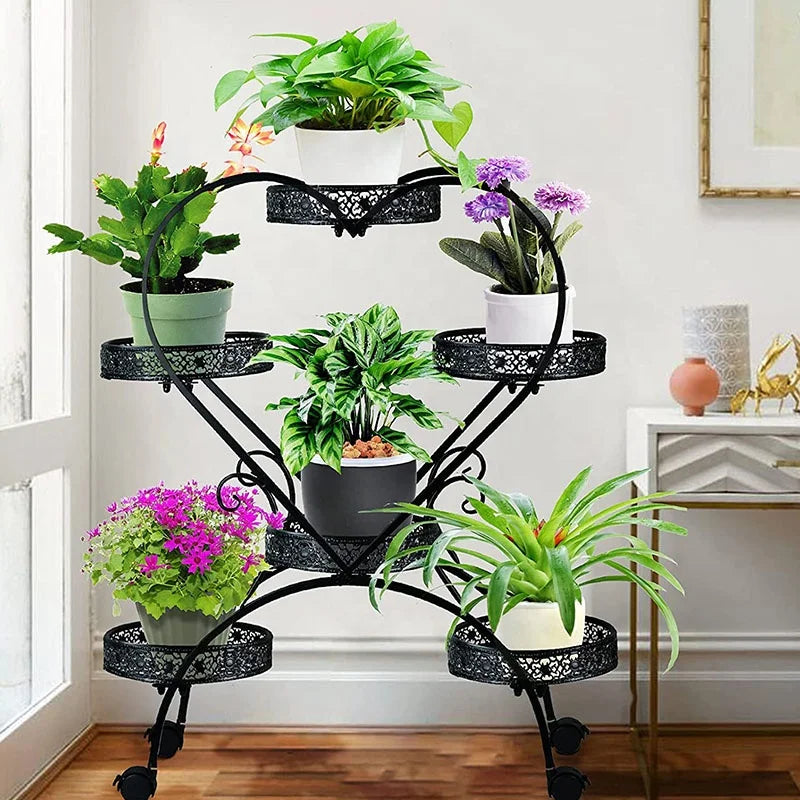 Iron Black Heart Shaped Modern Display Shelf with Wheels Garden Planter Outdoor and Living Room Indoor Metal Plant Stand
