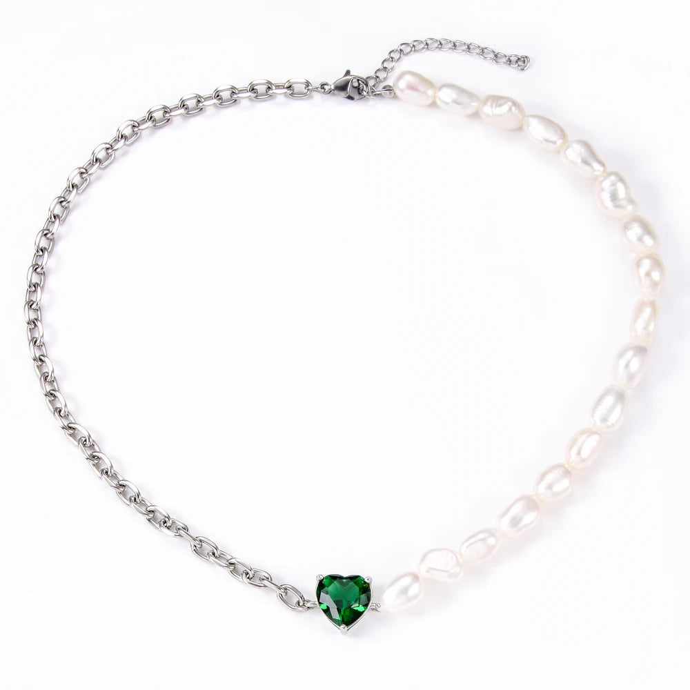 Baroque Freshwater Pearl Beads Choker French Vintage Geometric Heart Zircon Pendant Necklace