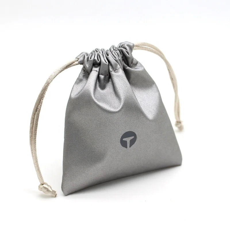 Luxury Silver Satin PU Drawstring Bag Custom Logo Soft Leather Jewelry Pouch for Gift Packaging