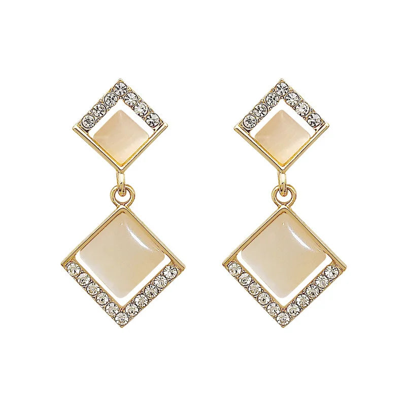 2021 New Square Simple Earrings Crystal White Stone Opal Earrings Alloy Jewelry Wholesale for Women