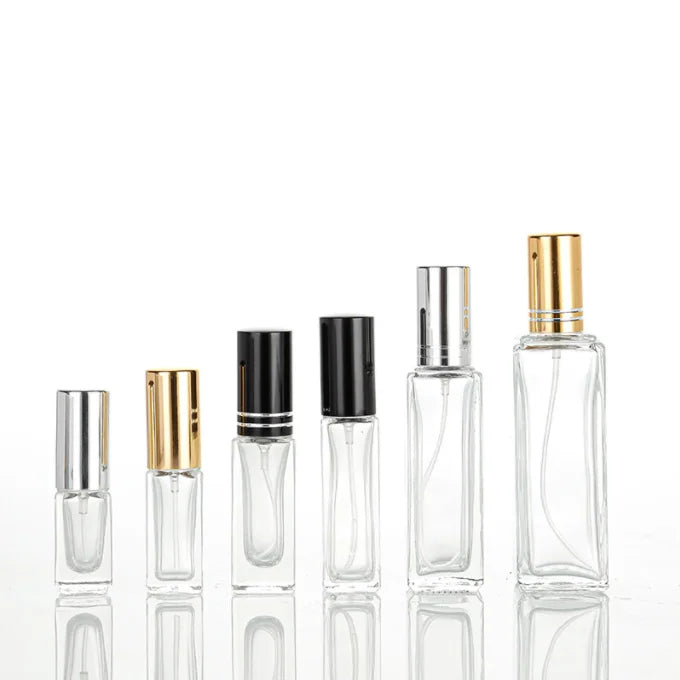 Free Sample Rectangle Perfume Glass Spray Bottle 10ml 20ml 30ml Gold Silver Black Fine Mist Empty Cosmetic Packaging