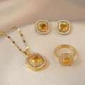 Women Yellow Color Necklace Earrings Rings Crystal Rhinestone Jewelry Set