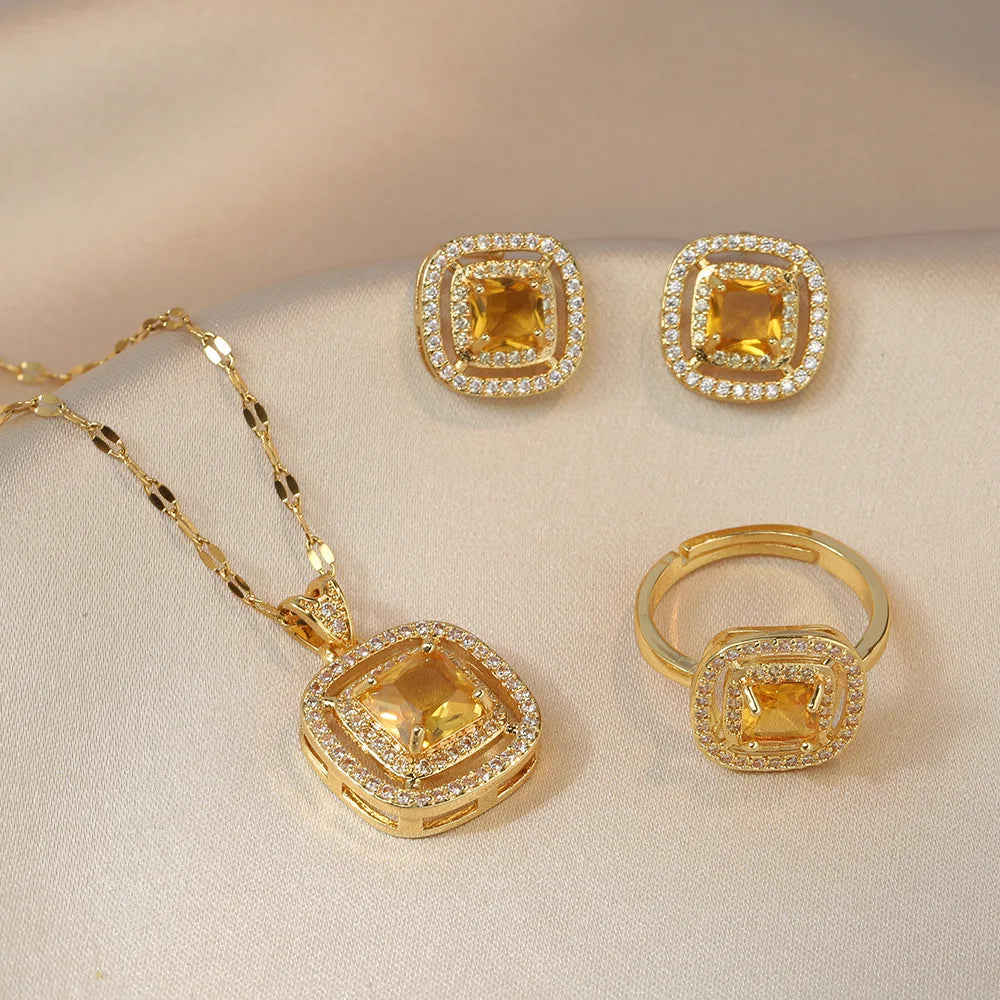 Women Yellow Color Necklace Earrings Rings Crystal Rhinestone Jewelry Set