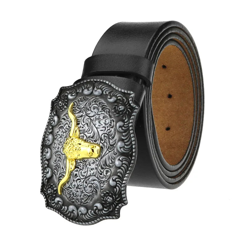 New Punk Rock Style Men's Plate Buckle Belt Locomotive Big Genuine Leather Belts for Men Cowhide Jeans LQbelt Factory Custom
