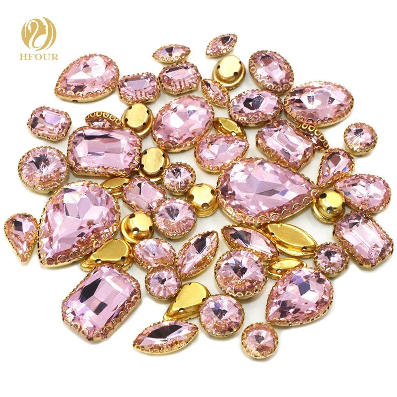 Hot Sale Mixed Shape Pink Sewn Glass Rhinestones with Lace Claw 3D Flatback Loose Rhinestones for Garment Bags Shoes Decor
