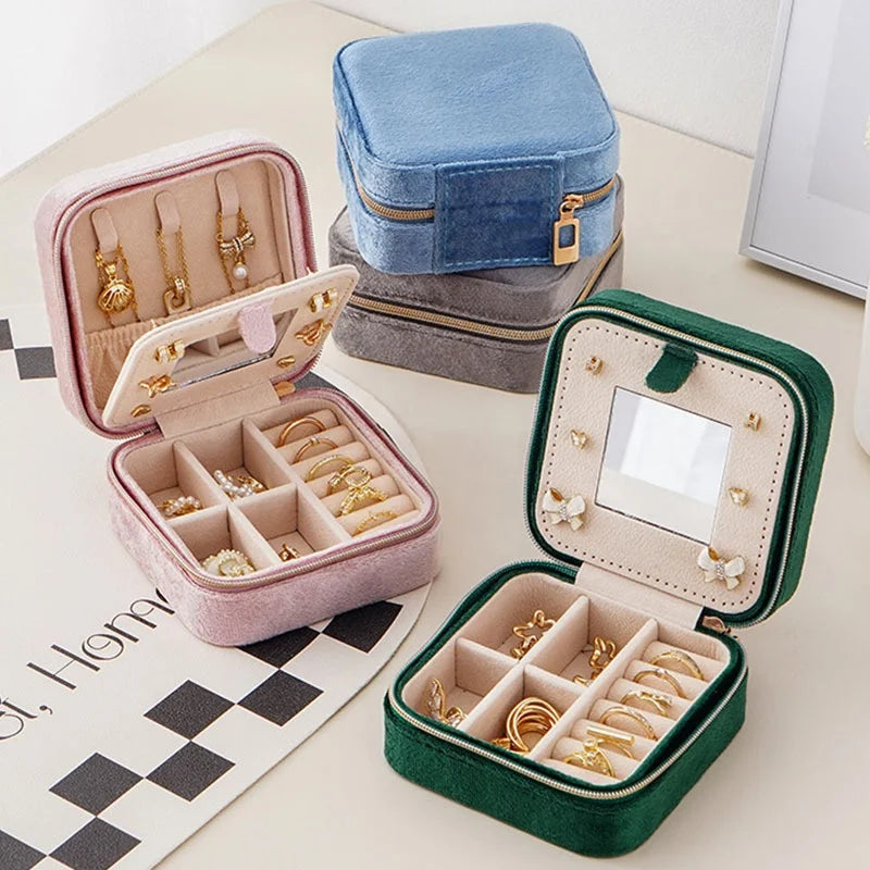 Creative Velvet Mirrored Jewelry Box Travel Portable Jewelry Necklace Earnail Ring Storage Box