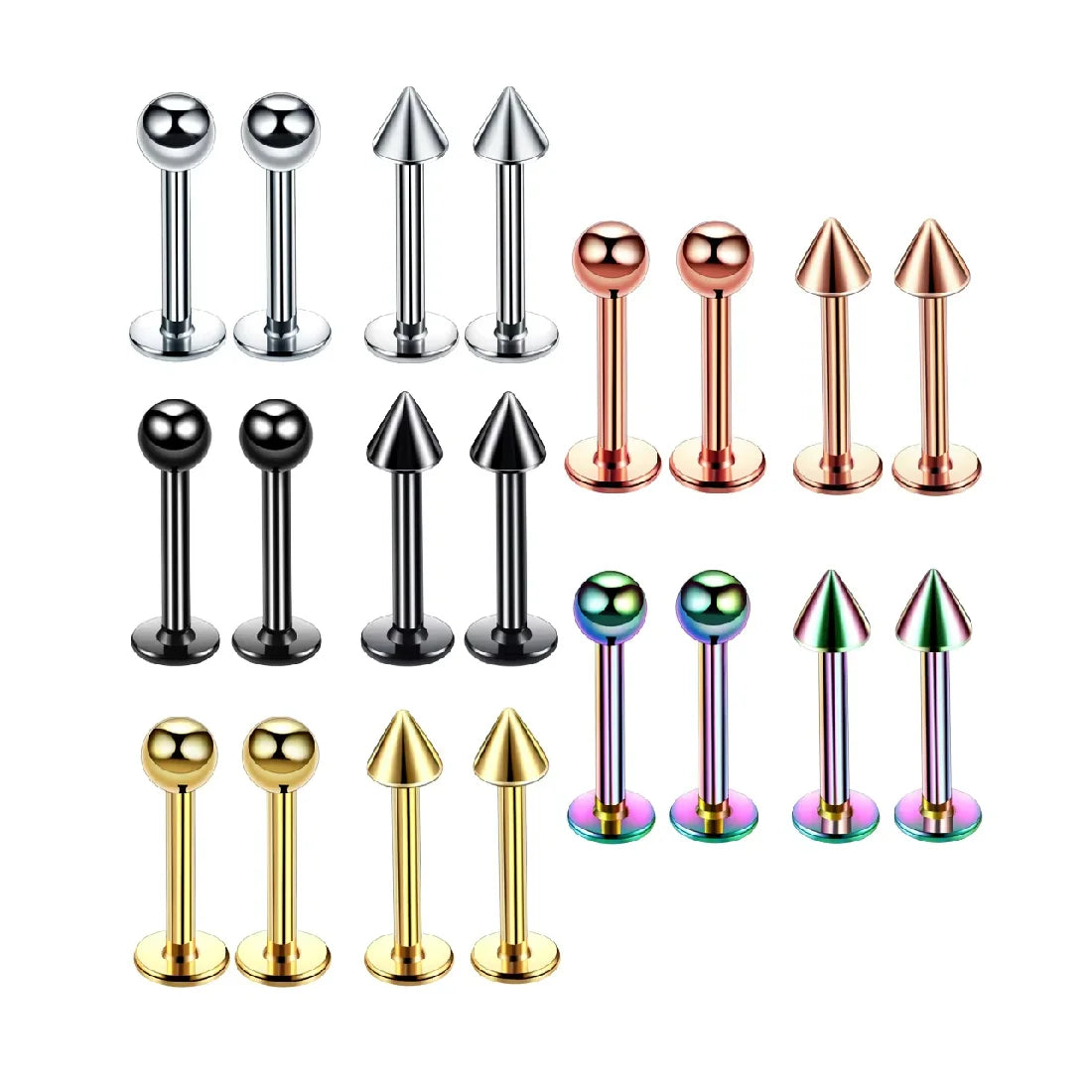 Stainless Steel Gold-Plated Earrings with Zircon Cone Ball Shape Pierced Ear Lip Labret Helix Back Tragus Cartilage for Weddings