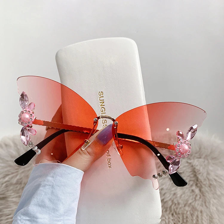 Anti UV Rimless Women Swing Diamond Bedazzled Sunglasses Lunette De Soleil Brand Designer Eyeglasses Butterfly Shape Sun Glasses