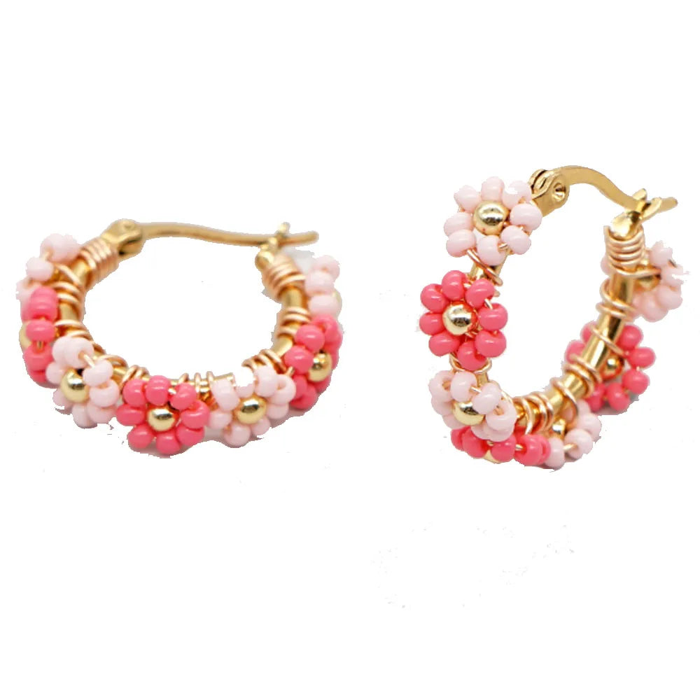 Multi Colored Glass Seed Beads Beaded Flower Hoop Earrings Small  2.5cm Earring Jewelry for Women