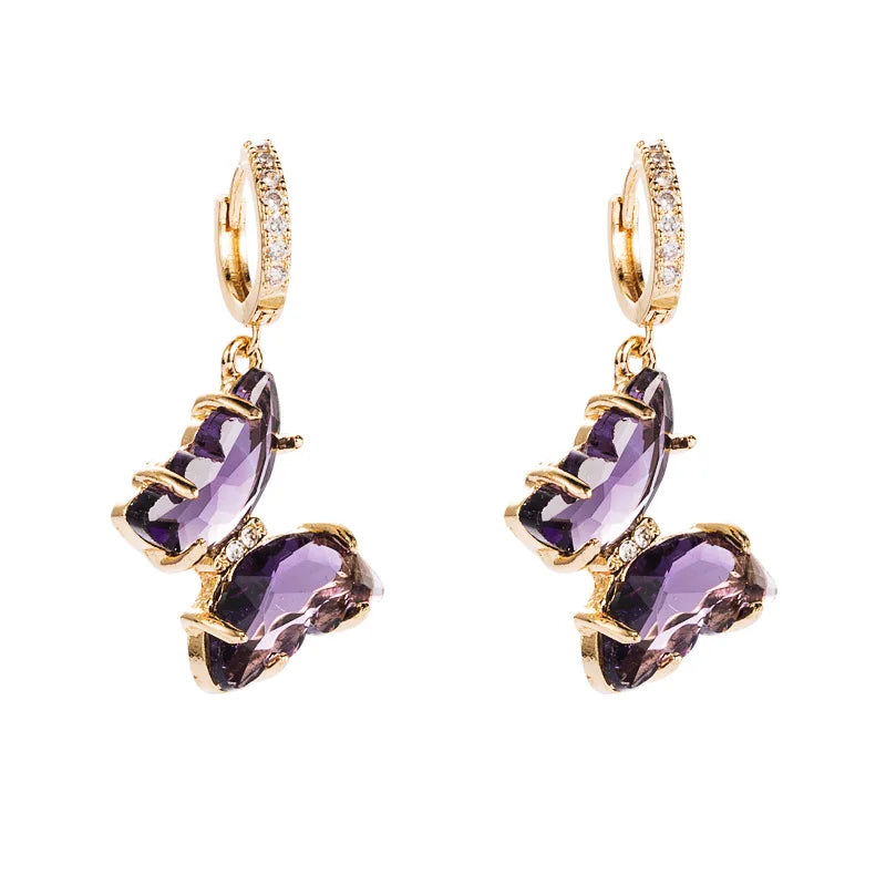 Hot Sell Custom Womens Fashion pink and purple Crystal Stone butterfly Hoop Earring CZ Gold Plated Drop Earrings butterfly Earri