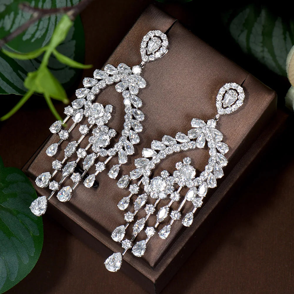HIBRIDE New Long Tassel Drop Earrings for Women Wedding Cubic Zirconia Dubai Bridal Earring Costume Jewelry Bijoux Femme E-829