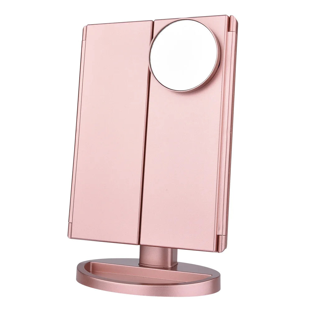 Beauty Three-Foldable Desktop Lighted Makeup Mirror 2X/3X/1X Magnification ABS Finish USB Battery Square Small for Vanity