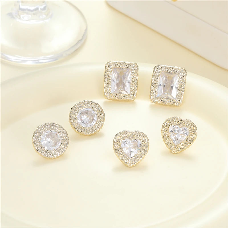 Wholesale 14K Gold Plated Brass Earring Trendy Inlaid Zircon Heart Square Round Shape Stud Earrings for Women