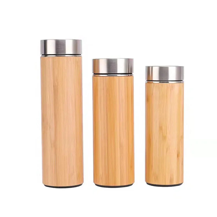 Vacuum Bamboo Customized Promotion logo Travel Water Bottle with Tea Filter 500ML