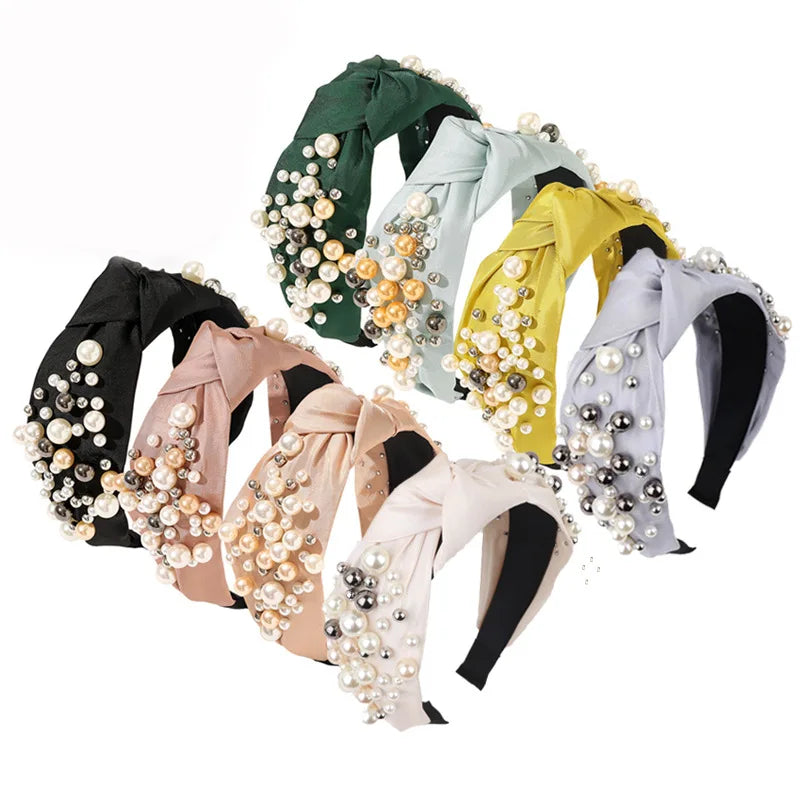 7CM Wide Girl Fall Top Knot Fabric Africain Jewelry Turban Bling Head Bands Accessories Luxury Pearl Designer Headband for Women