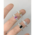 Fashion 925 Sterling Silver Claw Setting Square Zircon Open Adjustable Finger Ring for Women