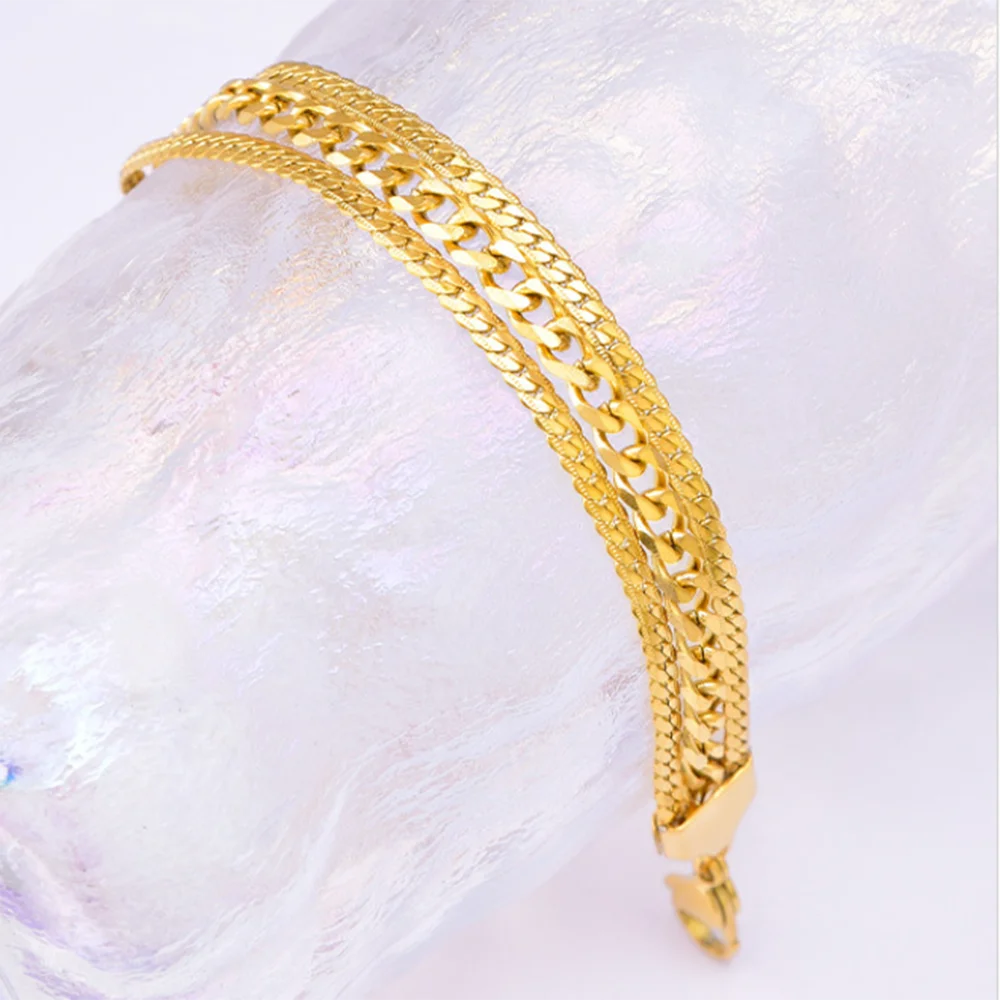 New Arrival Gold Plated Three Layer Flat Snake Chain Bracelet Stainless Steel Multi Layer Cuban Chain Bracelet for Women