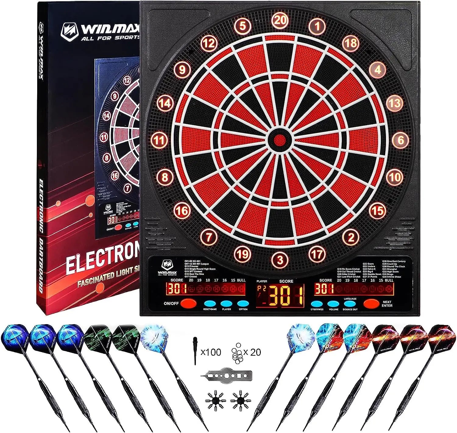 Win.max Customizable Plastic Electronic Dart Board Sets Automatic LED Scoreboard 13'' Target Size Segment Holes CE/FCC/WEEE